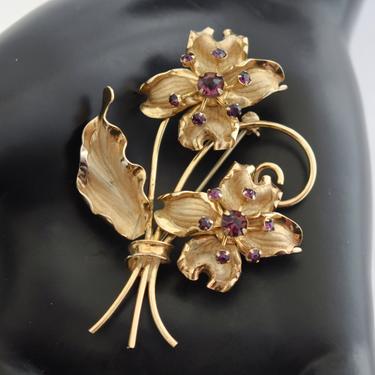 60's Bond Boyd sterling vermeil purple rhinestone flowers brooch, ornate gold wash 925 silver crystal bling statement pin 