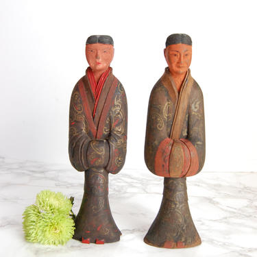 Antique Asian Wood Statues - Carved Wood Man and Woman Figures by PursuingVintage1