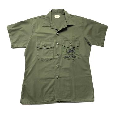 Vintage OG-507 US Navy Seabees Utility Shirt ~ size L ~ Military Uniform ~ Olive Drab ~ Post Vietnam War ~ USN ~ Faded / Distressed 