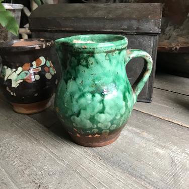 Antique Pottery Jug, Green Glazed Small Pitcher, Flower Vase, Hand Thrown Terra Cotta, Rustic European Farmhouse, Farm Table 