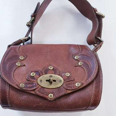 1990s Brown Leather Bag Mulberry / 90s Designer Mini Shoulder or Embossed Handbag Adjustable Strap British English 