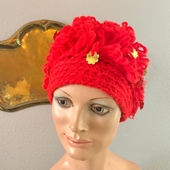 Looped Knit Vintage 60s Fun Mod Winter Hat Red and Gold Dangle Sequins
