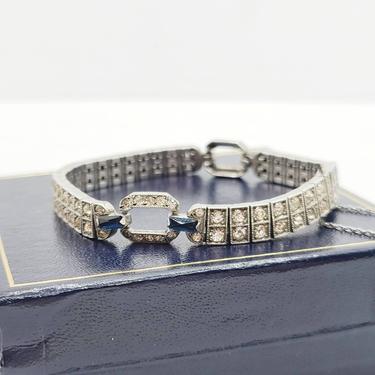 Sterling Silver Diamonbar Art Deco Rhinestone Bracelet, Faux Diamond and Sapphire Tennis Bracelet - 1920s/1930s Sterling Jewelry 