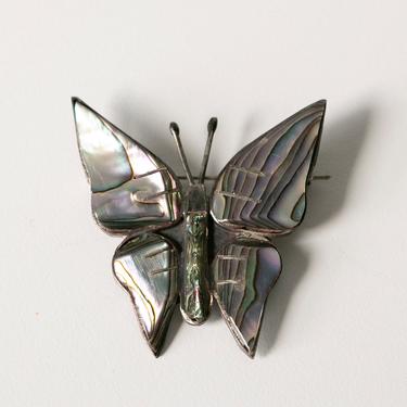 1970s Brooch Mother of Pearl Sterling Butterfly Pin 