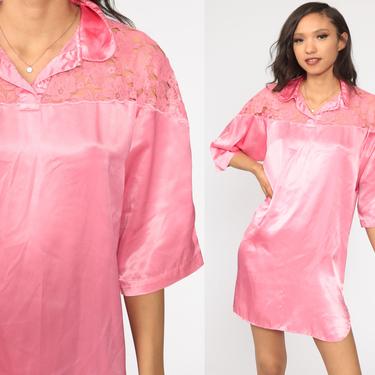 Pink Satin Nightgown Slip Dress 80s Mini Lace Nightgown Boho Lingerie Vintage Nightie Medium 
