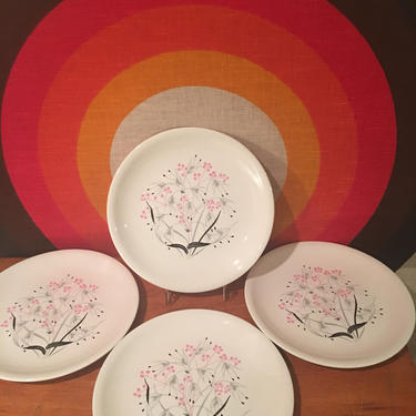 Vintage Harkerware Dinner Plates, Set of 4, Pink, Grey and Black Floral Harker Plates, Harker Pottery, Made in USA, 1950's Dinnerware 