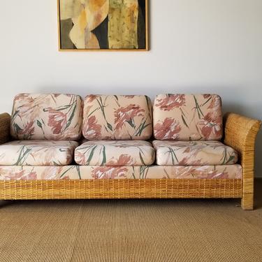 1980s Bielecky Brothers Style Open Arms / Woven Rattan Sofa. 