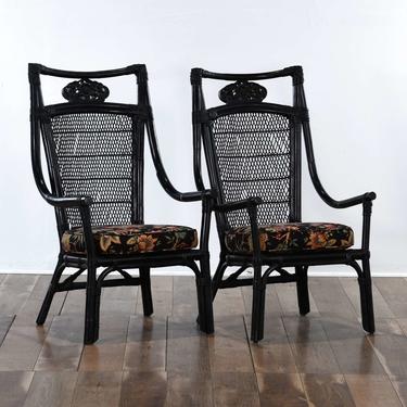 Pair Of Black Bentwood & Rattan Solarium Armchairs