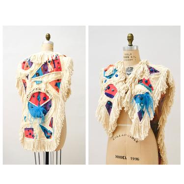 Vintage Fringe Poncho Wrap Tribal Festival Cape Patchwork // Festival Vest Scarf Boho Hand Woven Feather Leather Art to Wear Cream White 