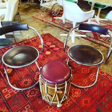 Pair of machine age chairs. Chrome and upholstered. $150 Drum ottoman. $50