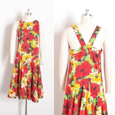Vintage Dress / Pierre Cardin Floral Print Cotton Dress / Red Yellow Green ( small S ) 