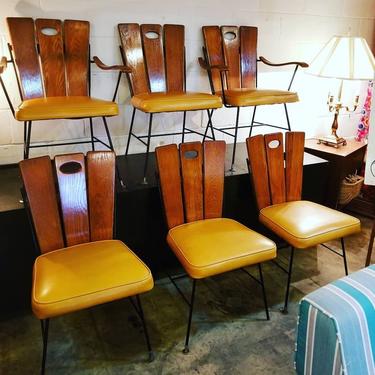 Set of 6 Mid Century slat wood upholstered dining chairs $350