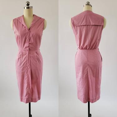 1950's Cotton Day Dress with Sailor Collar and Polka Dot Print 50's Dress 50s Women's Vintage Size Small / Medium 