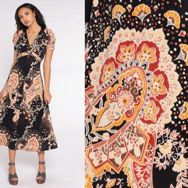 70s Paisley Maxi Dress Boho PUFF Sleeve 1970s Black Floral Hippie Bohemian Empire Waist Belted Festival Vintage Romantic Witchy Small Medium 