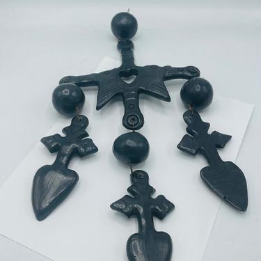 Vintage Rare Black Clay Cross  Mexico Oaxaca wall hanging Chime- Excellent Condition 