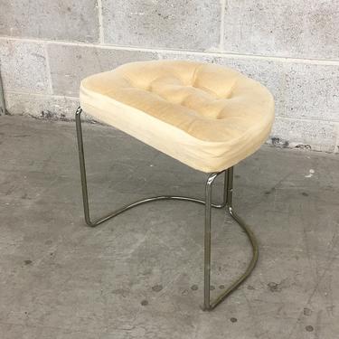 Vintage Stool Retro 1980s Vanity Seating + Cosco Brand + Gold Metal Frame + Tufted + Beige + Half Moon + Cushioned Seat + Beauty Area Chair 
