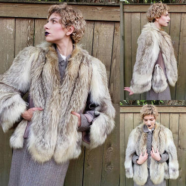 1940s Amber Fox Fur Jacket Wrap Cloak / 40s Gray Fur Jacket Shrug Cloak Snap off Sleeves /Old Hollywood Glam / M /Glenda 