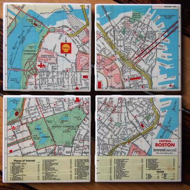 1973 Vintage Boston Massachusetts Map Coaster Set of 4. Boston Map. Gift Boston Common New England Décor Boston Office Gift City Map Vintage 