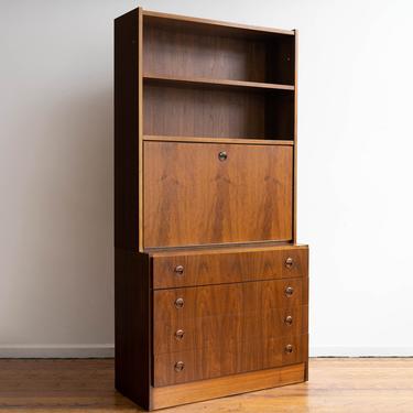Vintage MCM Walnut Bookcase with Secretary Desk and Drawers - Mid Century Bookshelf 
