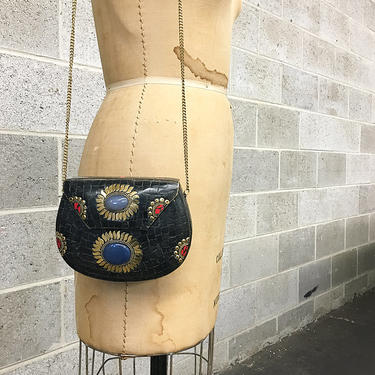 Vintage Hard Shell Purse Retro 1970s Colorful Mosaic Shoulder Bag with Gold Metal Chain and Felt Lined Interor 