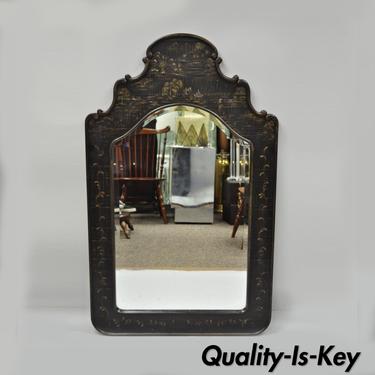 Black Chinoiserie Oriental Paint Decorated Beveled Glass Wall Mirror