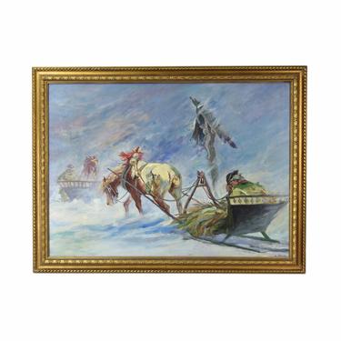 Russian Oil Painting Weary Horse Drawn Sleigh Passing Wayside Crucifix Altar 