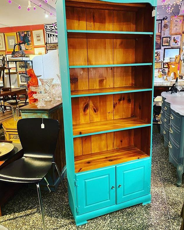 Teal blue bookshelf/china hutch with doors. 29.5” x 11.5” x 71.5” 