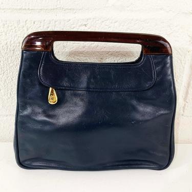 Vintage Anne Klein for Calderon Navy Blue Leather Gold Clutch Handle Purse Bag Handbag Retro 1970s 70s Tortiseshell Plastic Handles 