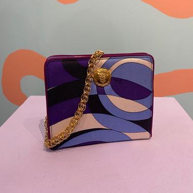 Vintage 70s Pucci Wristlet Purse Psychedelic Purple and Lavender Silk with Gold Chain and Medallion 