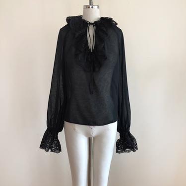 Sheer Black Blouse with Keyhole and Lace Collar and Cuffs - 1970s 