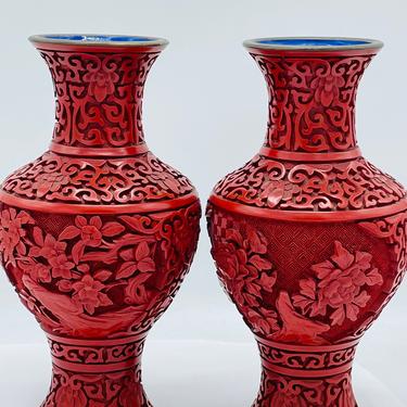 Hand Carved Red Cinnabar Vase Blue Enamel Over Brass Floral Design 8 Inches Tall Elaborate and Meaningful Design 