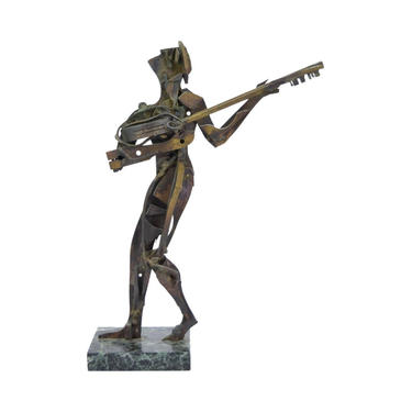 Vintage Mid-Century Cubist Abstact Brass Metal Sculpture of Guitar Player 