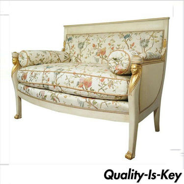 French Empire Style Settee Loveseat Sofa Cream and Gold Figural Carved Faces