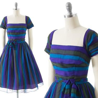 Vintage 1960s Party Dress | 60s Striped Silk Chiffon Purple Blue Full Skirt Fit and Flare Formal Gown (small) 