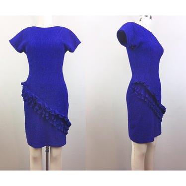 Vintage 80s Purple Body Con Stretch Dress Textured Asymmetric Ruffle Bandage S 