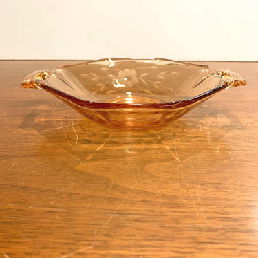 Vintage Art Deco Amber Glass Etched Elegant Depression Glass Candy Dish 