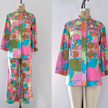 PSYCHEDELIC CHIC Vintage 60s Averardo Bessi Shirt &amp; Pants | 1960s Flower Power Silk 2 Pc Set | Mid Century Designer Mod Hippie | Size Medium 