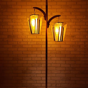 MCM Mid Century Modern Wood Brass Floor Lamp with Golden Fiberglass Shades/Lanterns 