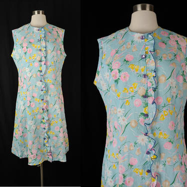 Vintage Seventies XL Floral Print Crepe Light Weight Sleeveless Ruffle Front Dress - 70s Blue Spring Floral Button Front Shift Dress 