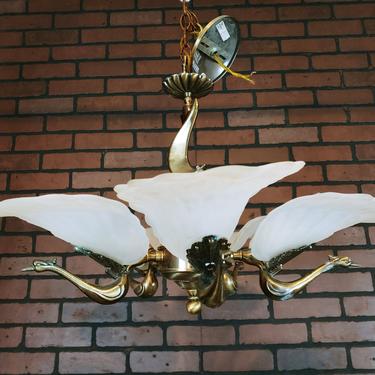 Brass Hollywood Regency Swan/Peacock Chandelier with Murano Style Leafs 