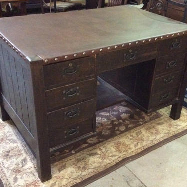 Gustav Stickley 9 drawer flat top desk with leather surface c1900 
