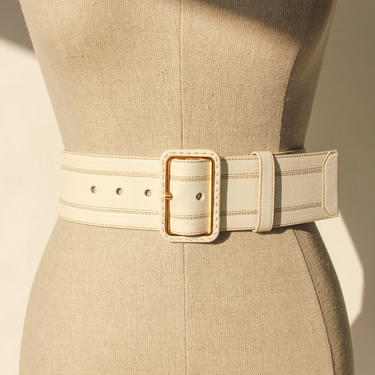 Vintage 90s Y2K PRADA Light Cream Wide Leather Adjustable Belt with Gold Framed Buckle | Made in Italy | 1990s Y2K Designer Leather Belt 