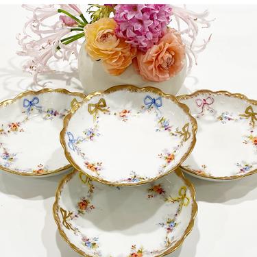 4 Antique GM France Depose Mavelix Granger Limoges Fine China Berry Bowls with Colorful Bows and Flowers 