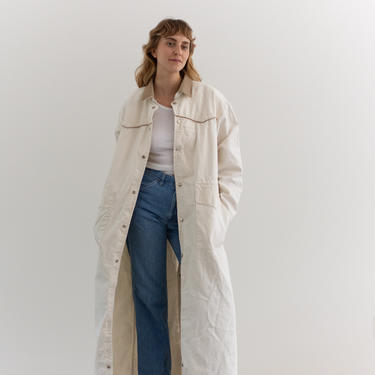 Vintage Cream Canvas Twill Rancher Coat | Corduroy Collar Cotton Workwear Trench | L  | 