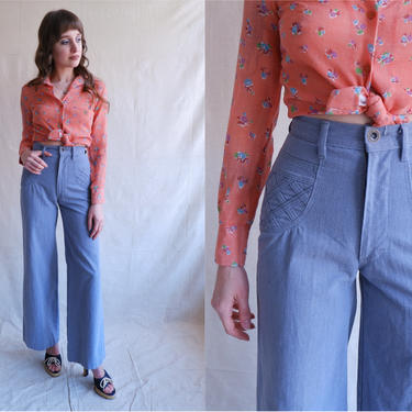 Vintage 70s Lattice Pocket Wide Leg Pants/ 1970s High Waisted Blue Cotton Pants/ Size XS 24 