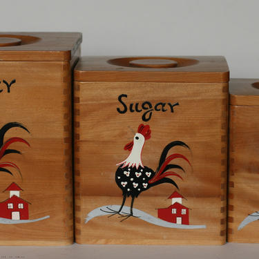 vintage wooden rooster canisters/made in japan/flour sugar coffee canister/farmhouse canister 