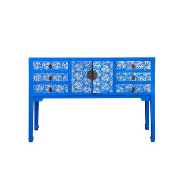 Bright Blue Lacquer Golden Flower Graphic Drawers Slim Foyer Side Table cs7145E 