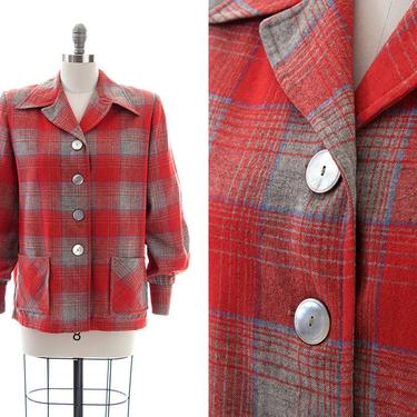 Vintage 1950s Pendleton 49er Jacket | 50s Red Plaid Wool Lightweight Coat with Mother of Pearl Buttons (large/x-large) 