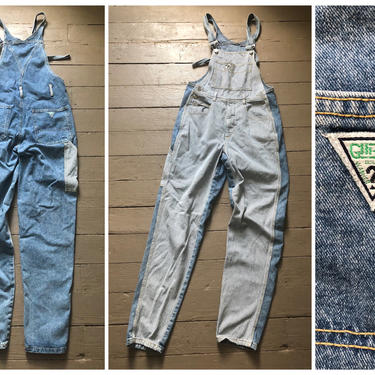 RARE vintage ‘80s two tone denim GUESS overalls | 1980’s unisex striped denim bib overalls 