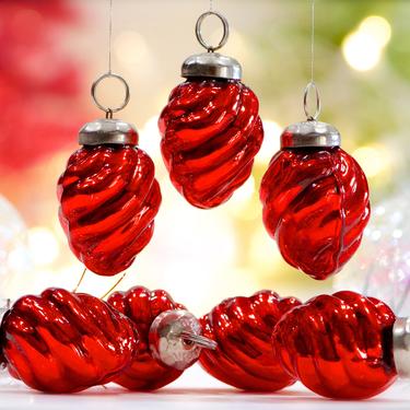 VINTAGE: 5pc - Small Thick Mercury Glass Red Ornaments - Mid Weight Kugel Style Ornaments - Unique Find - SKU 34-os no 